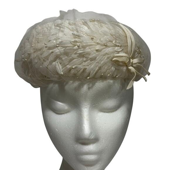 Vintage Mid Century White pillbox hat by Dana Marte bridal silk floral & beads main image 7